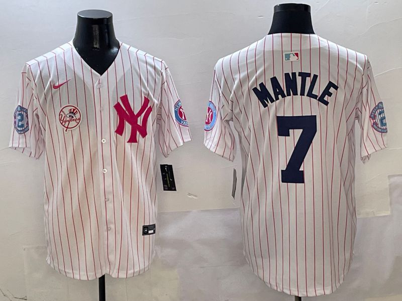 Men New York Yankees #7 Mantle White Stripe Jointly Name Nike 2025 MLB Jersey style 7